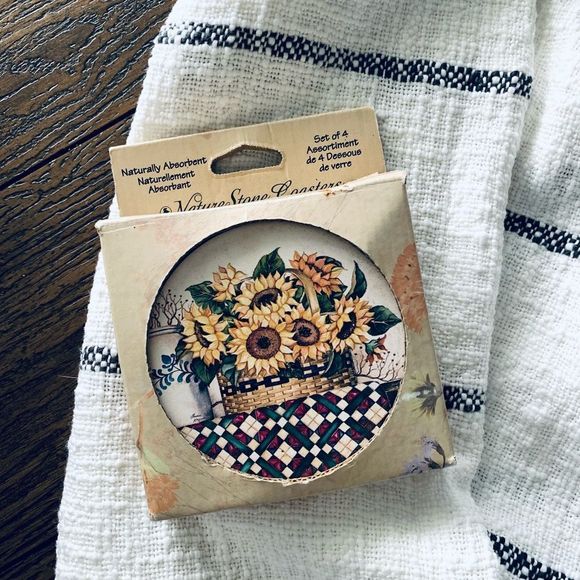 NIB vintage Sunflower stone cork set of 4 coasters